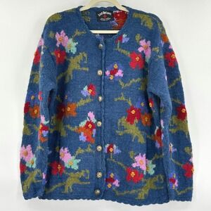 Lost Horizons Handknit Nepal Wool Blue Multi Floral Cardigan Sweater Vintage